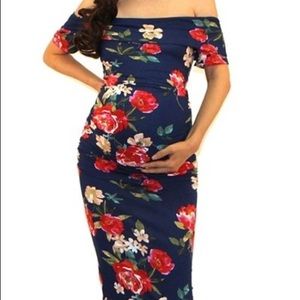 NWT FLORAL NAVY BLUE OFF SHOULDER DRESS MATERNITY